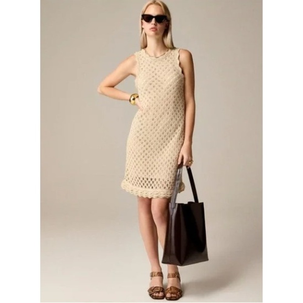J.Crew Women Tan Pointelle Crochet Sleeveless Shift Dress Beige Lined NWT Size M